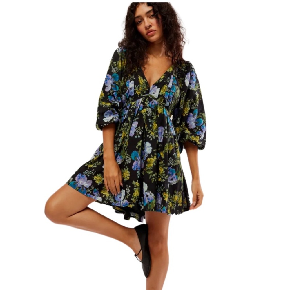 Free People Beck Floral Print Boho Mini Babydoll Swing Dress